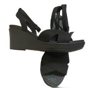 CROCS Black Women's Leigh II Ankle Strap Wedge Size 10W